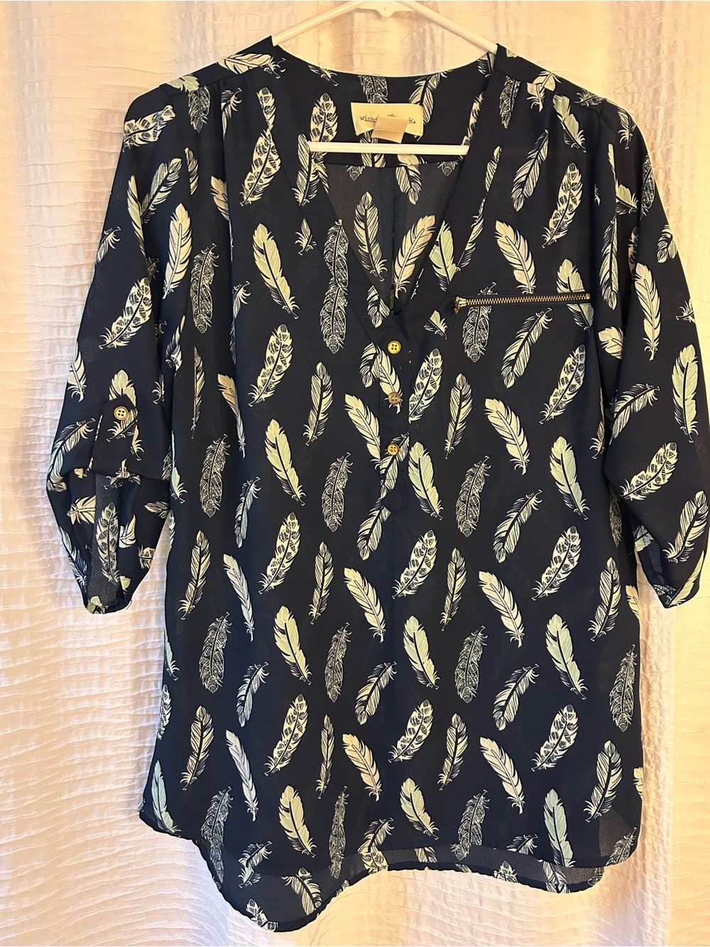 Wishful Park Navy Feather-Print V-Neck Blouse